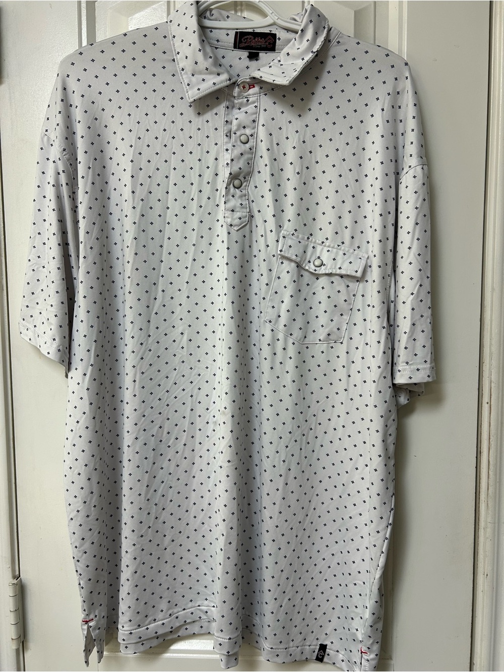 Rafter C Polo-Style Short Sleeve Shirt in White with Micro Pattern